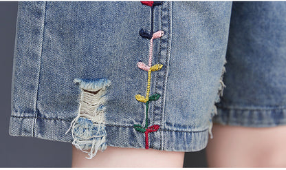 Women's Baggy Pull On Jeans Ripped Denim Shorts - LAI MENG FIVE CATS