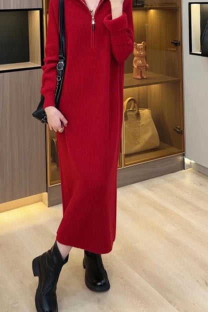 Women's Knit Long Sleeve Quarter Zip Sweater Maxi Dress