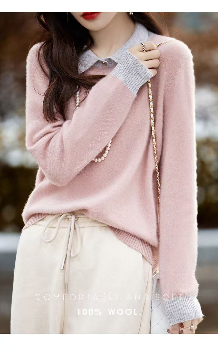 Contrast Collar Polo Neck Knit Sweater – Soft Fall&Winter Pullover - LAI MENG FIVE CATS