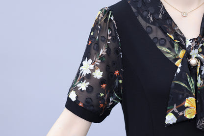 Women's Tie V-Neck Short Sleeve Pocket Midi Dress - LAI MENG FIVE CATS