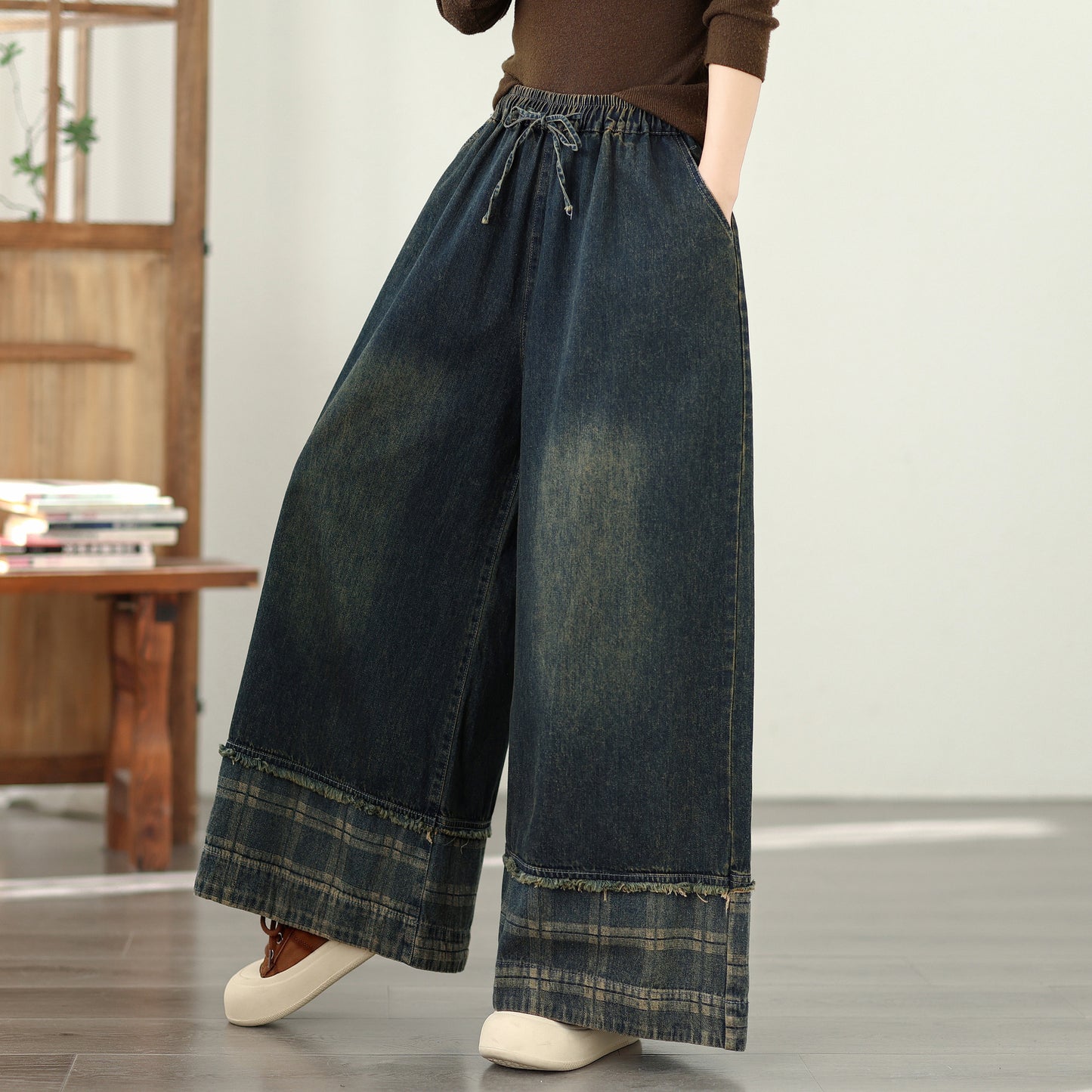 Women's Denim Wide Leg Baggy Jeans Drawstring Waist Pants - LAI MENG FIVE CATS