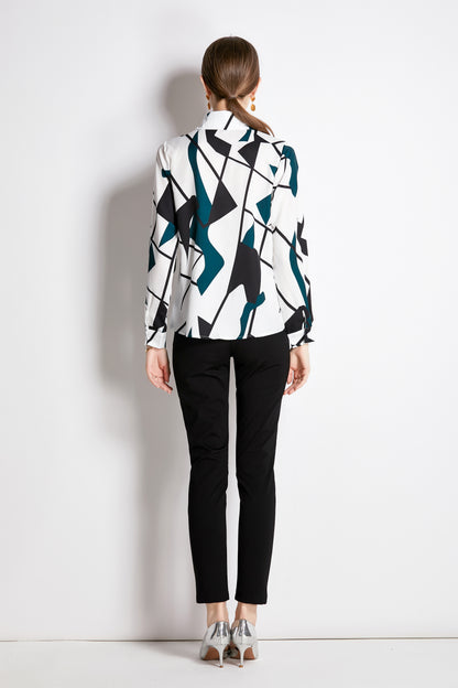 ESY-Women's Long Sleeve Lapel Collar Print Button Blouse