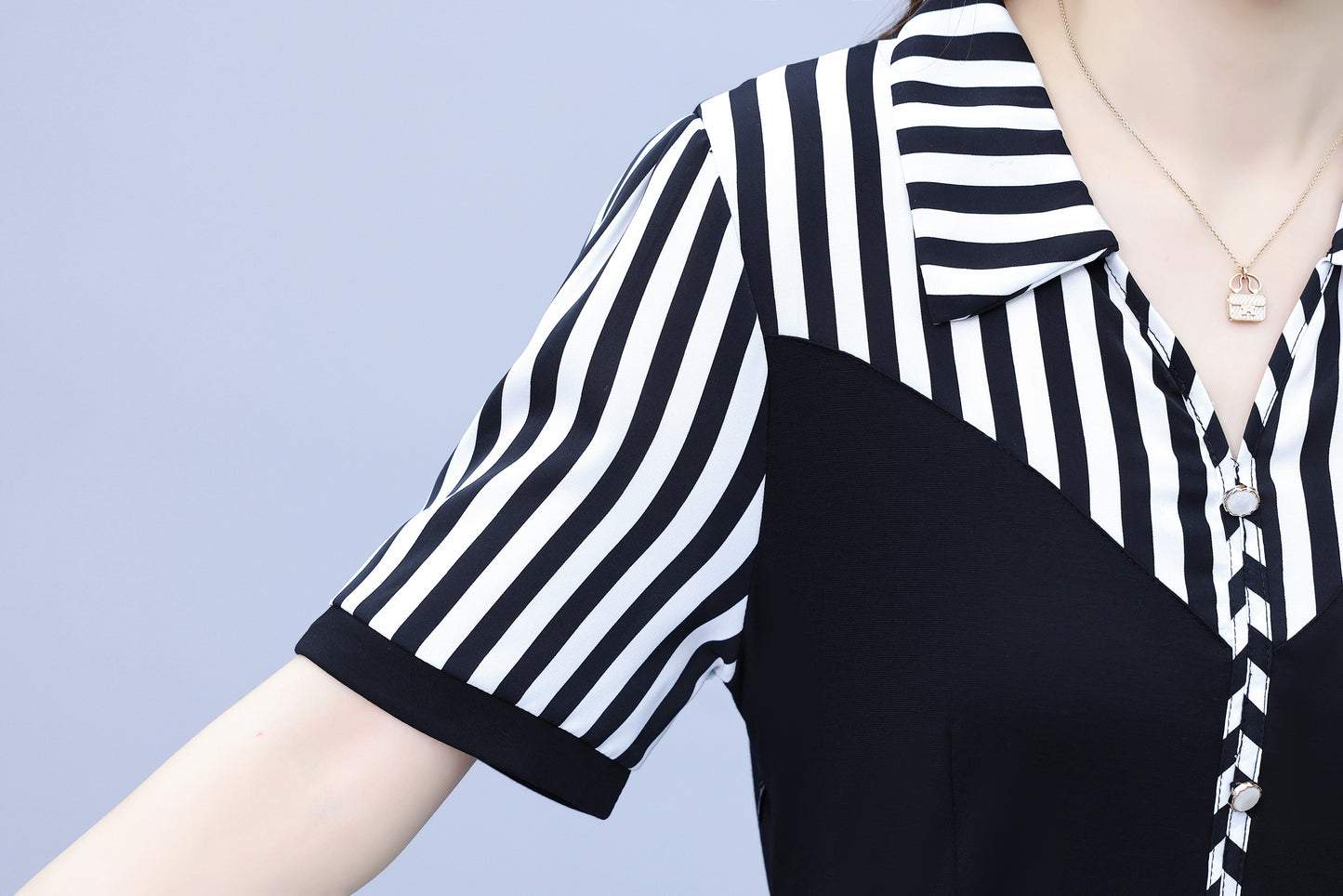 Women's Lapel V-Neck Pocket Short Sleeve Midi Dress - LAI MENG FIVE CATS