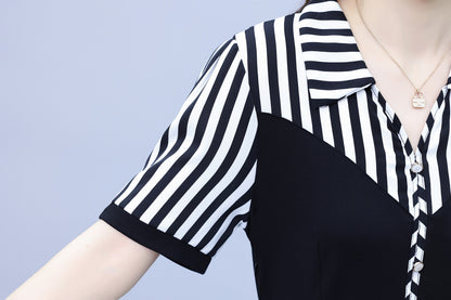 Women's Lapel V-Neck Pocket Short Sleeve Midi Dress - LAI MENG FIVE CATS