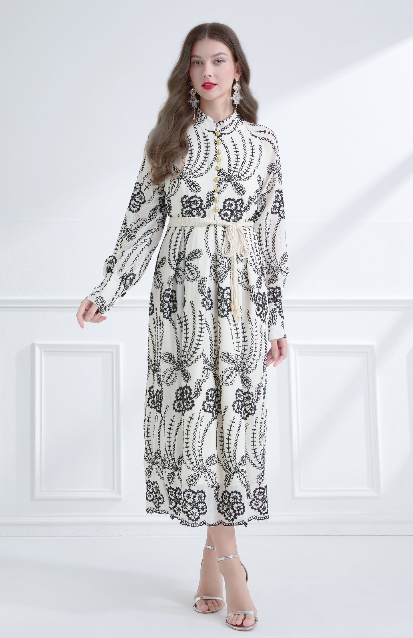 Women's Mandarin Collar Embroidered Button Maxi Dress