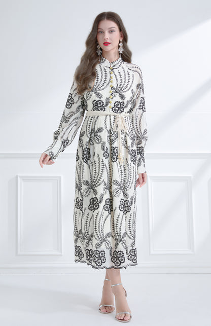 Women's Mandarin Collar Embroidered Button Maxi Dress