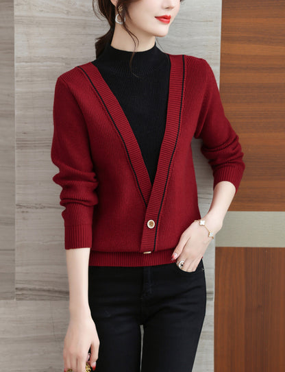 Women's Fall Turtleneck Color Block Knitted Sweater