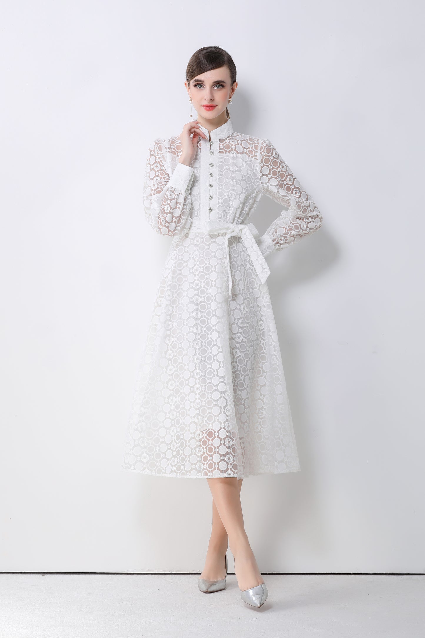 Women's Lace Lantern Sleeve Button Midi Dress