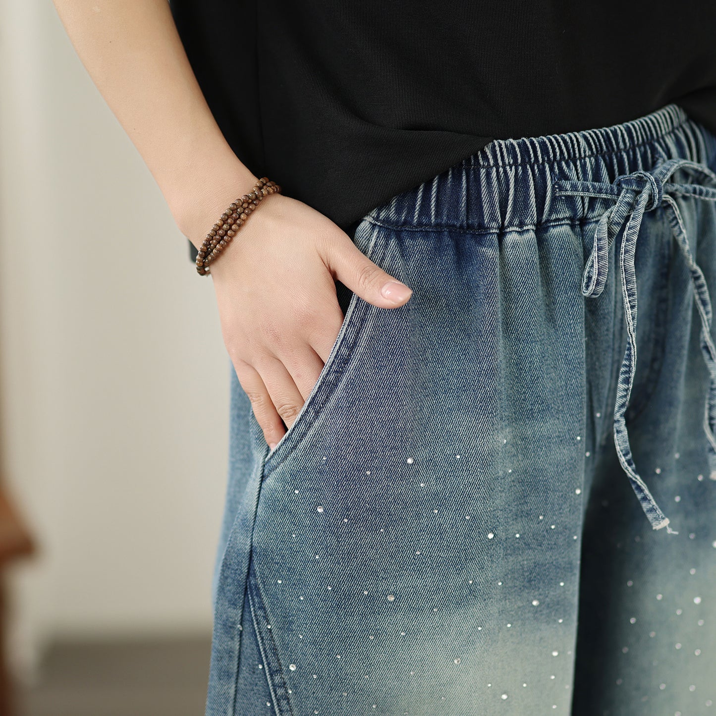 Women's Baggy Jeans Drawstring Waist Wide Leg Denim Pants