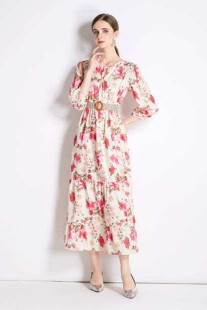 SSY-Women's Cutout Neck Floral Print 3/4 Sleeve Maxi Dress