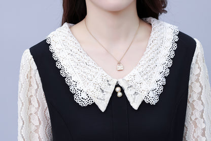 Women's Peter Pan Collar Long Sleeve Pocket Midi Dress