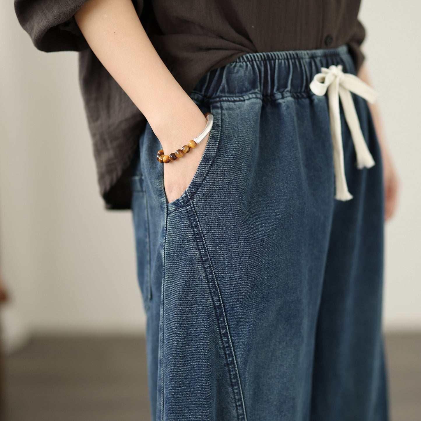 Jeans for Women Wide Leg Pull On Elastic Waist Denim - LAI MENG FIVE CATS
