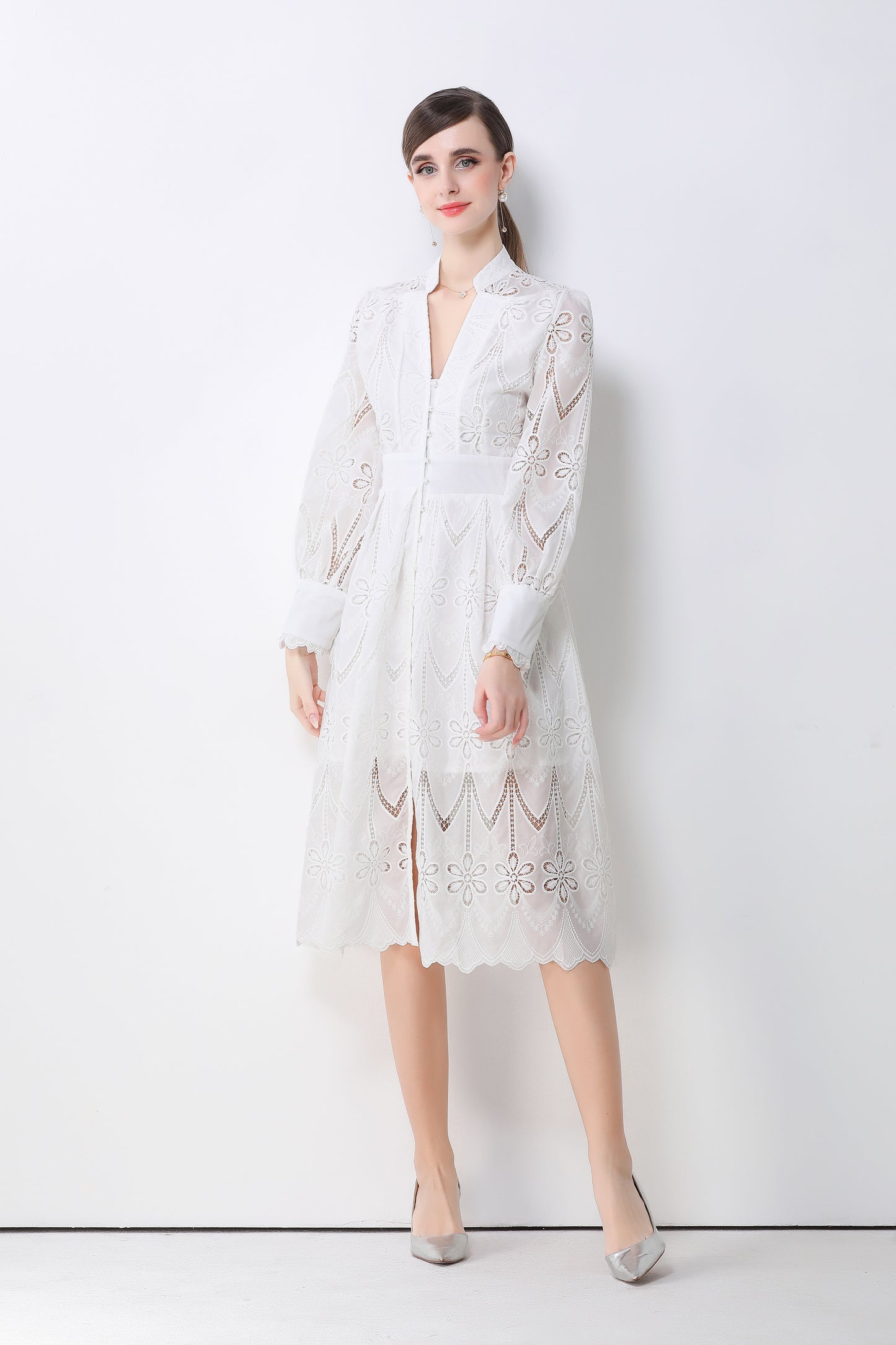 Women's V-Neck Long Sleeve Hollow Out Lace Midi Dress