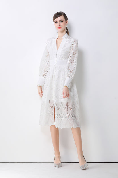 Women's V-Neck Long Sleeve Hollow Out Lace Midi Dress