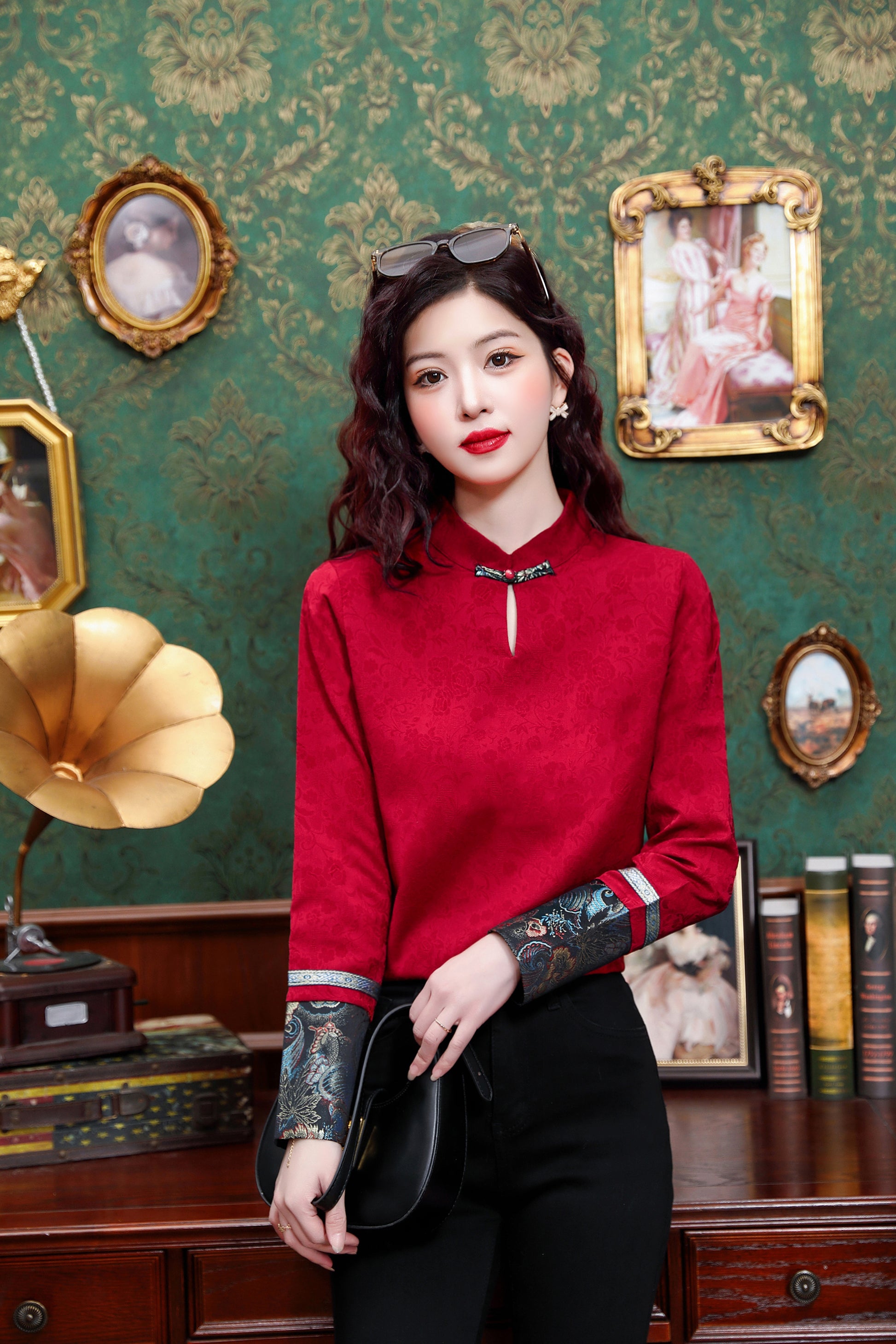 Women's Silk Satin Mandarin Collar Long Sleeve Blouse Top - LAI MENG FIVE CATS