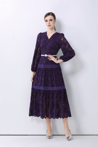 Women's V-Neck Puff Sleeves Button Lace Midi Dress