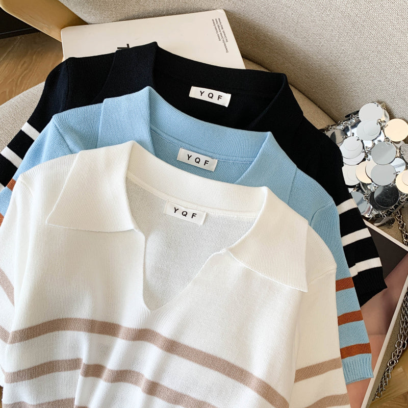 Stripe Polo Knit Top – Lightweight Everyday Statement