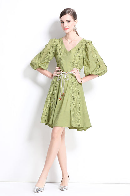 Women's Puff Sleeves V-Neck Hollow Embroidery Mini Dress