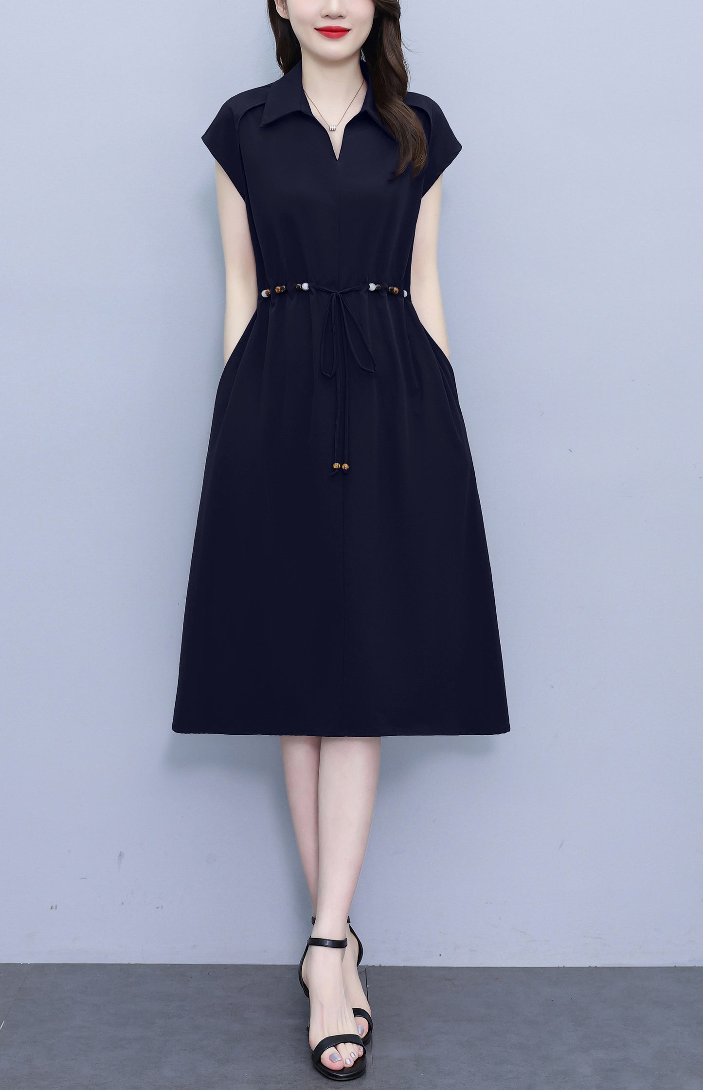 Women's V-Neck Cap Sleeve Pocket Midi Dress