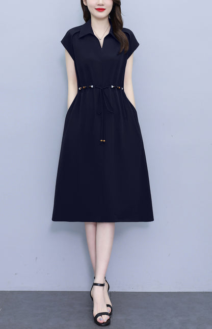 Women's V-Neck Cap Sleeve Pocket Midi Dress