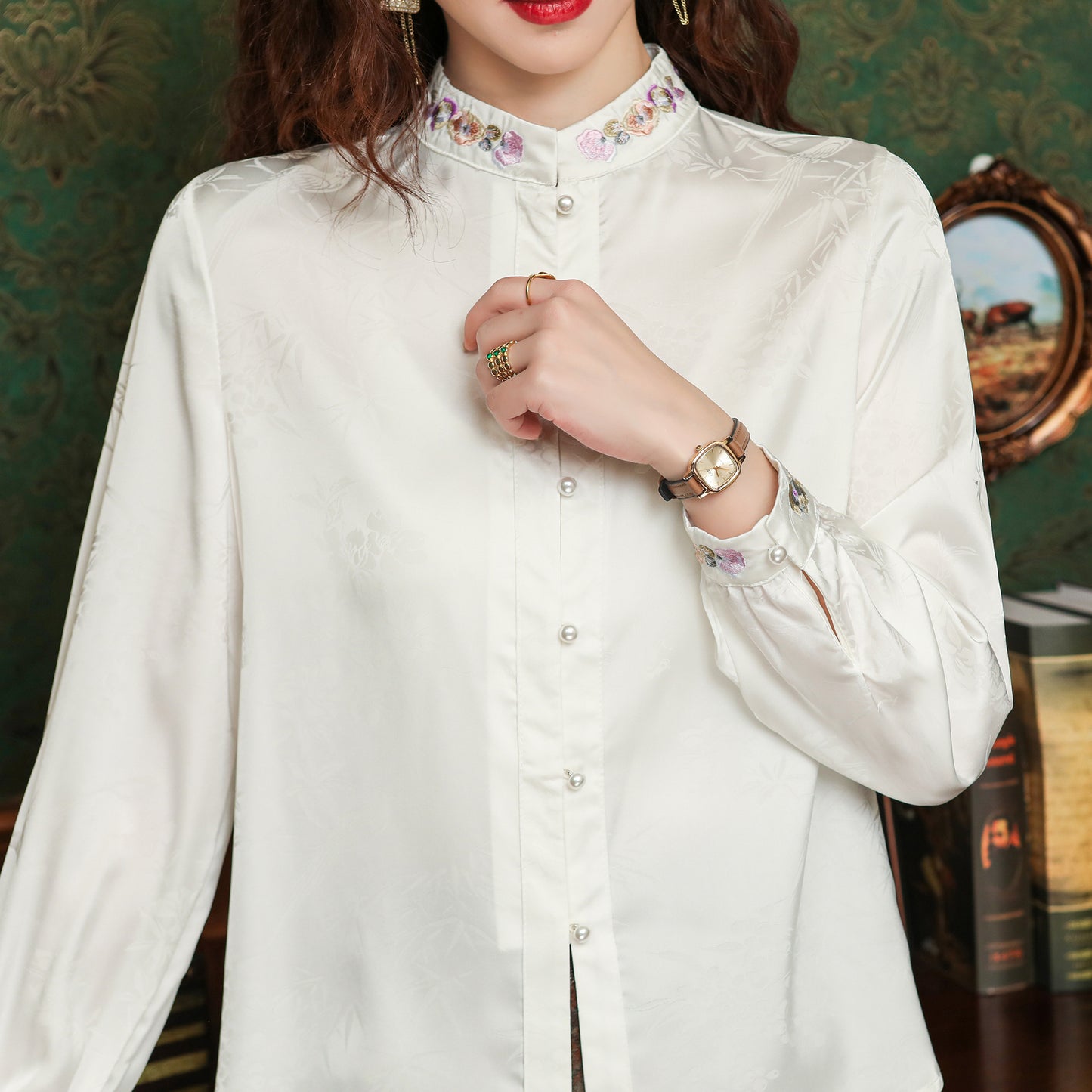 Women's Silk Satin  Embroidery Jacquard Blouse Top