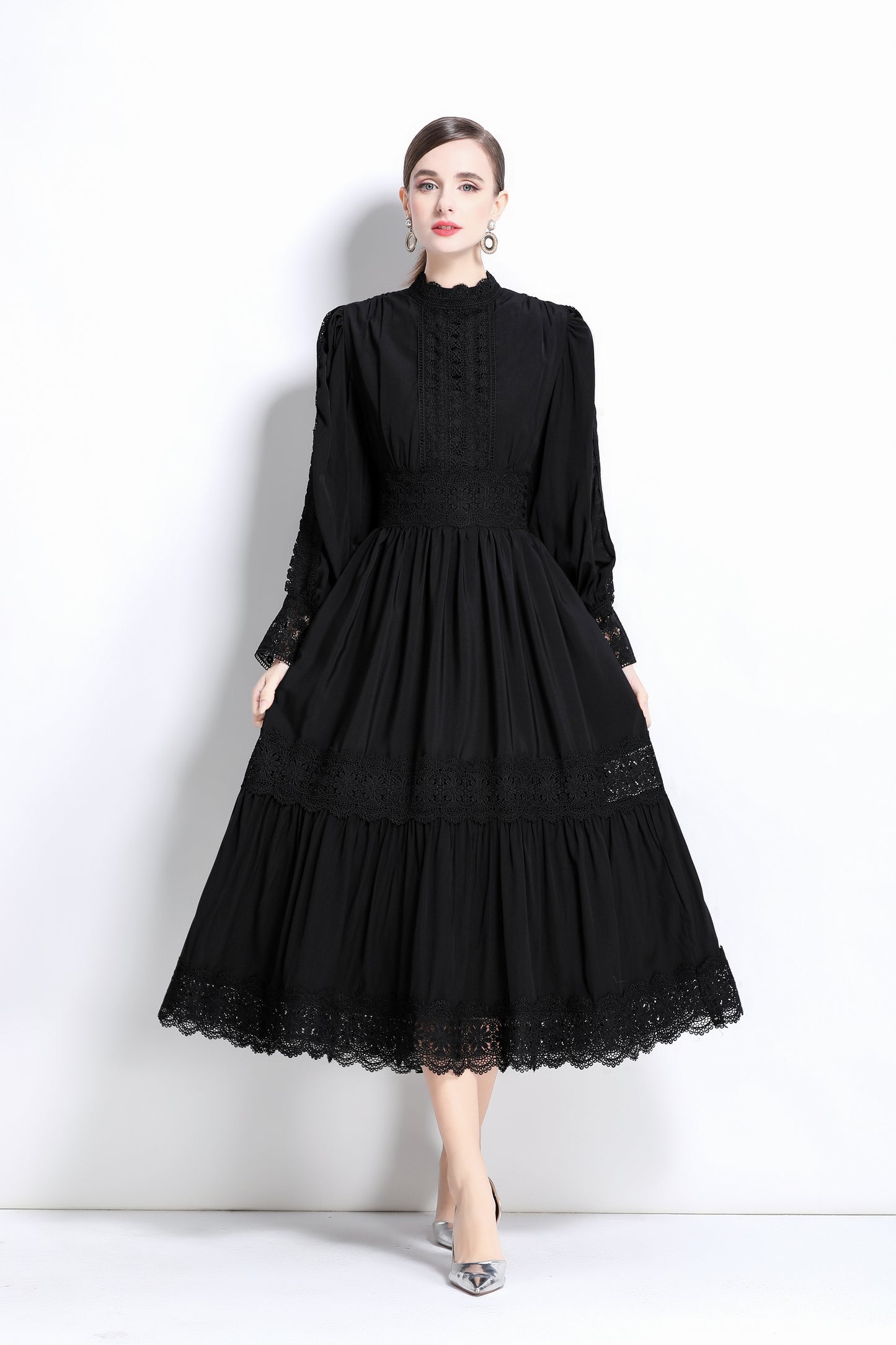 Women's Mock Neck Lantern Sleeve Lace Tiered Maxi Dress