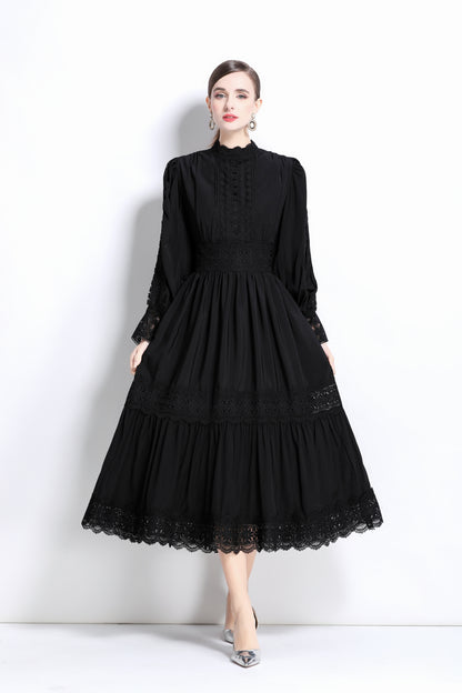 Women's Mock Neck Lantern Sleeve Lace Tiered Maxi Dress