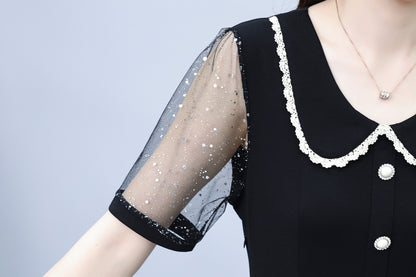 Women's Peter Pan Collar Short Sleeve Pocket Midi Dress - LAI MENG FIVE CATS