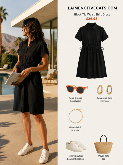 Black Tie-Waist Shirt Dress