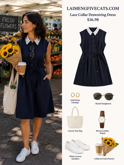 Navy Lace Collar Shirt Midi Dress with Pockets