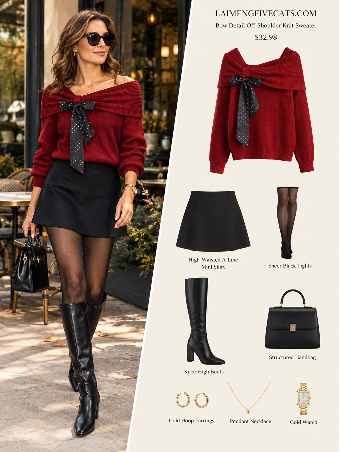 28683-Burgundy Bow Off-Shoulder Knit Sweater