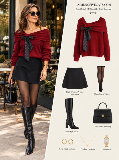28683-Burgundy Bow Off-Shoulder Knit Sweater