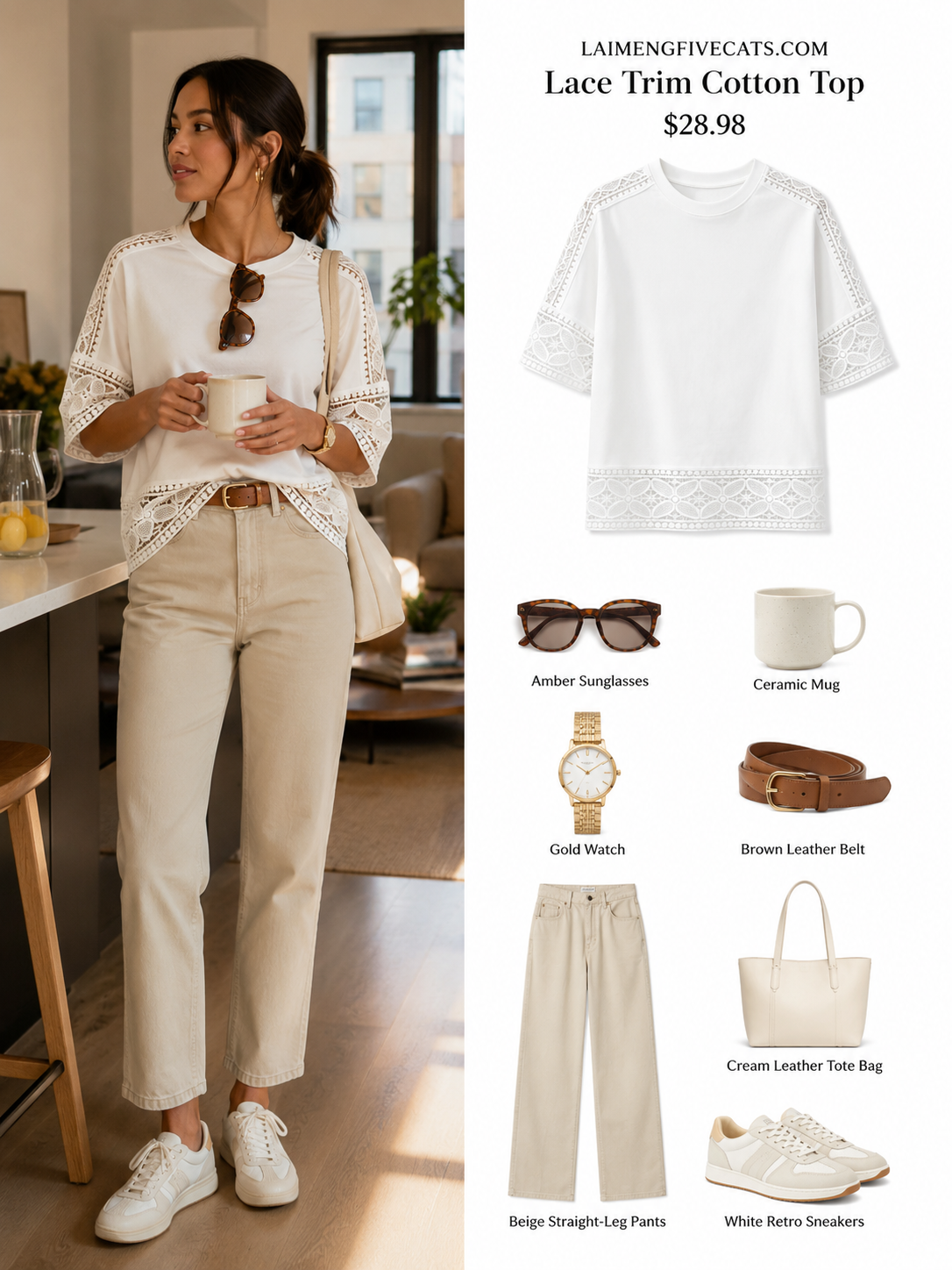 Lace Trim Cotton Blend Top | Relaxed Fit Everyday White Blouse