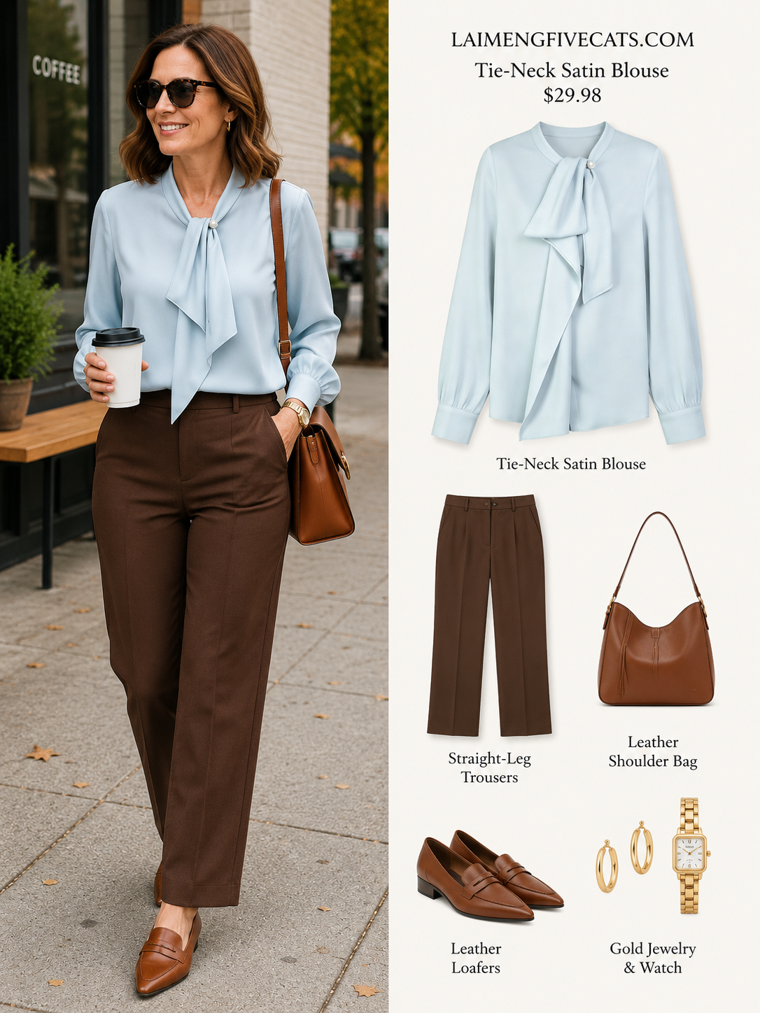 Light Blue Satin Tie-Neck Long Sleeve Blouse