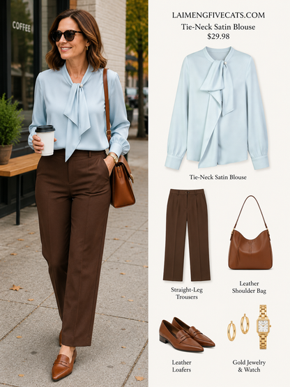 Light Blue Satin Tie-Neck Long Sleeve Blouse