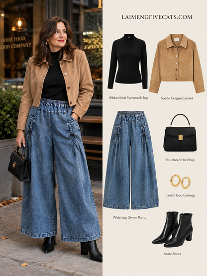 26266-Women's Loose Elastic Waist Wide Leg Denim Pants