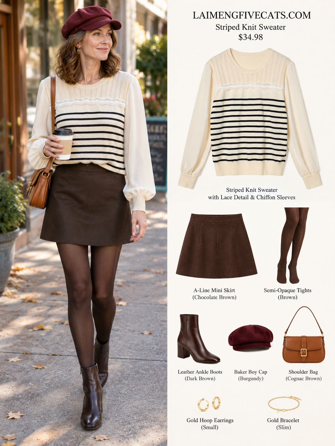 Ivory Striped Lace-Detail Knit Sweater with Chiffon Sleeves