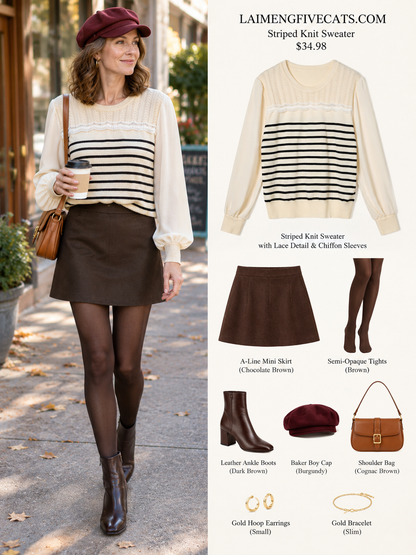 Ivory Striped Lace-Detail Knit Sweater with Chiffon Sleeves