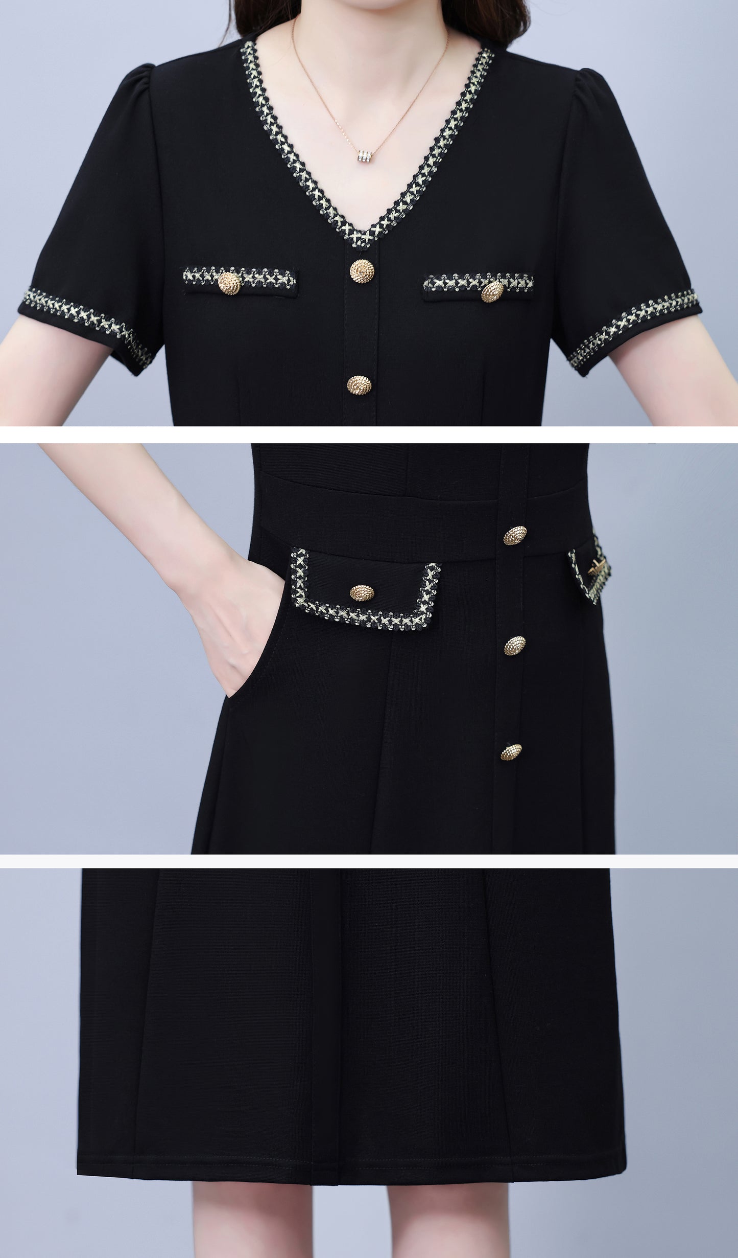 Elegant Black Midi Dress with Gold Details - LAI MENG FIVE CATS