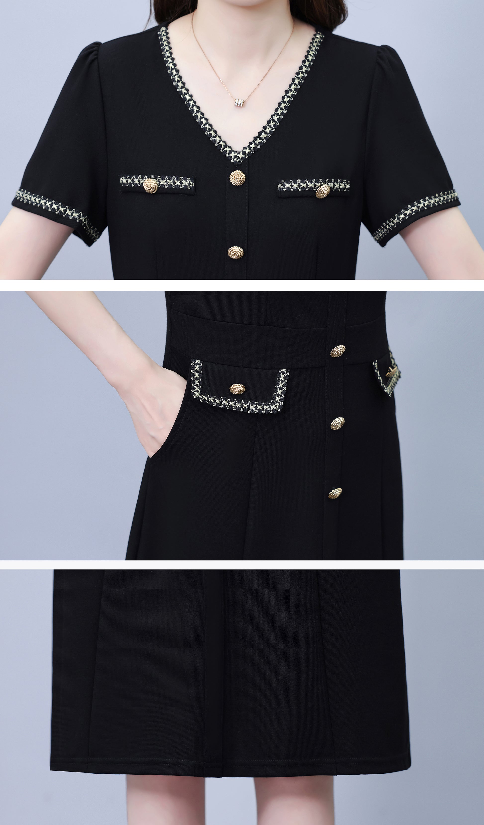 Elegant Black Midi Dress with Gold Details - LAI MENG FIVE CATS