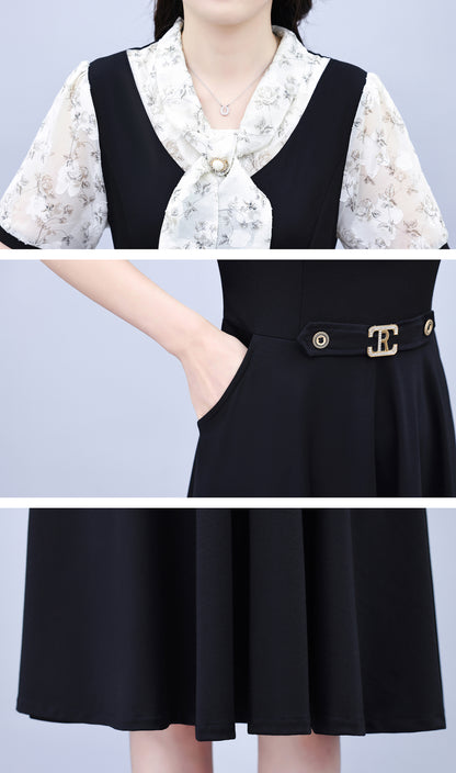 Elegant Floral Tie Neck Midi Dress - LAI MENG FIVE CATS