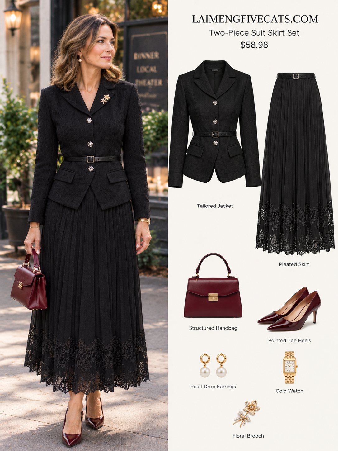 Elegant Two-Piece Pleated Skirt Suit Set for Women | Pink, Black & Beige