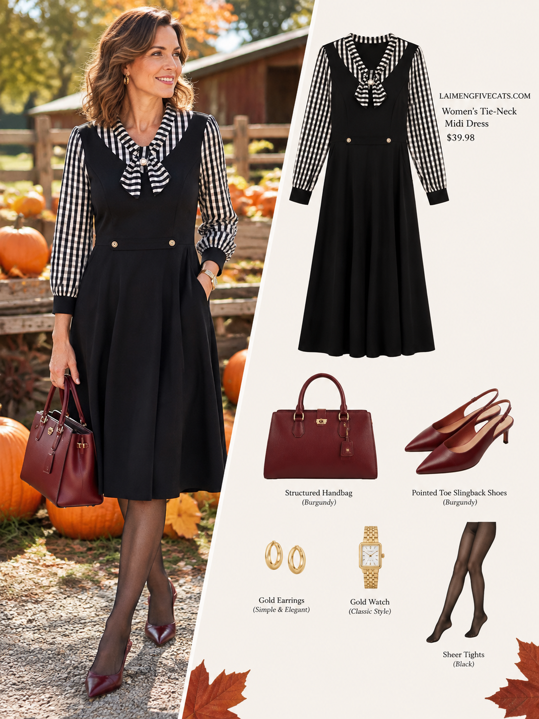 28159  Black Gingham Tie-Neck Midi Dress with Pockets - LAI MENG FIVE CATS
