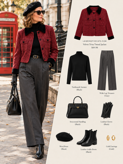 28692-Velvet Trim Tweed Jacket — Paris Café & London Autumn Style