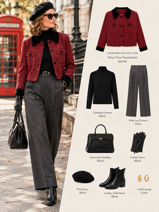 28692-Velvet Trim Tweed Jacket — Paris Café & London Autumn Style