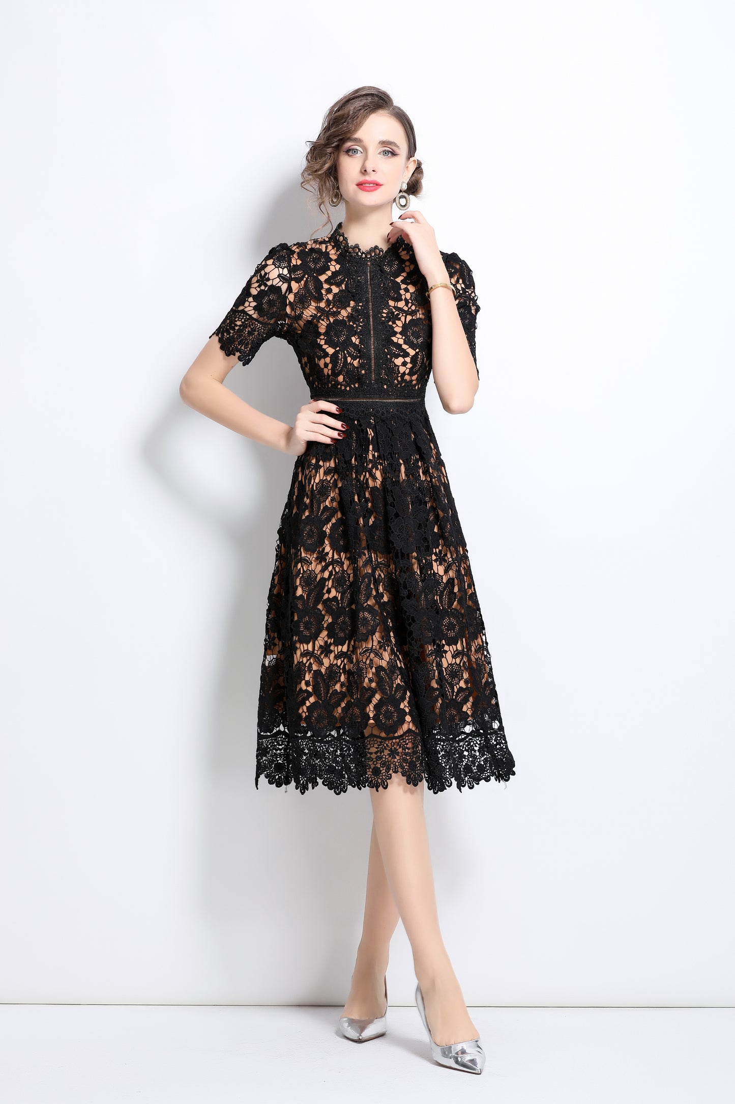 Women's Floral Lace Waist Crochet Midi Dress