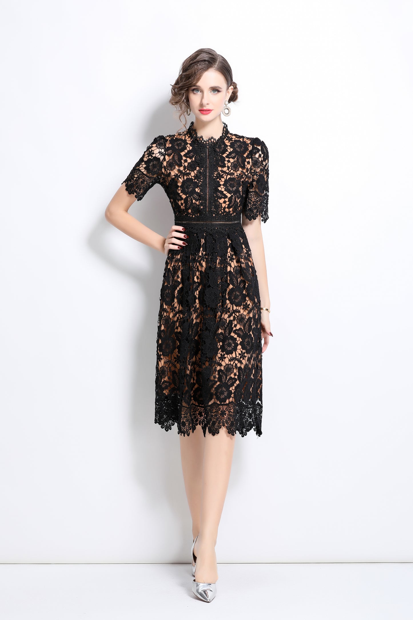 Women's Floral Lace Waist Crochet Midi Dress