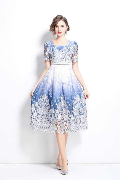 Women's Floral Lace Hollow Crochet Waist Midi Dress