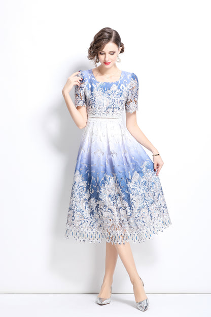 Women's Floral Lace Hollow Crochet Waist Midi Dress