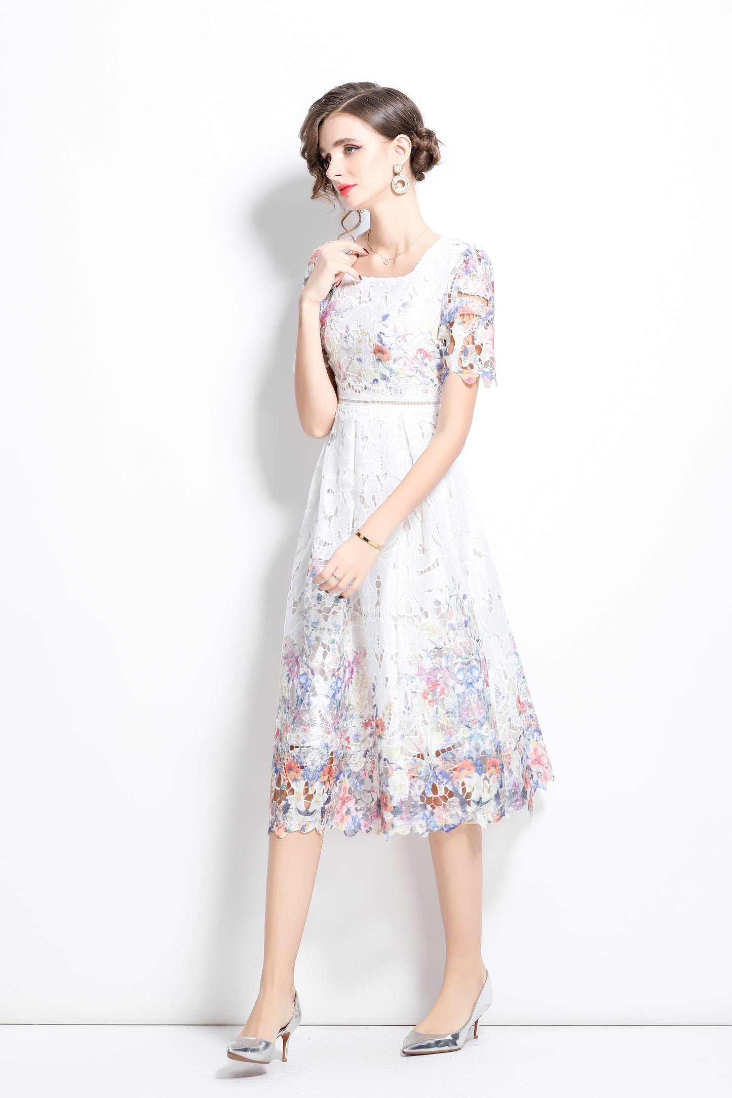 Women's Floral Lace Hollow Crochet Waist Midi Dress